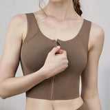 Women Sports Vest Sleeveless Round Neck Zipper Closure Fitness Bra Seamless Fabric Front Zipper Removable Chest Pad Underwear