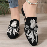 NASBAVI Fashion 3d Embroidery Mules Women Fur Slippers Velvet Shoes Ladies Low Heel Flower Decoration Sandals Women's Flip Flops