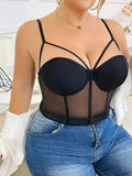 New Plus Size Camisole Fishbone Bra Sexy Black Patchwork Lace Bra Transparent Backless Deep V Suspenders Sleeveless Elegant TNCE