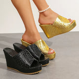 Fashion Wedge Heeled Gold Sandals Women 2026 Summer Peep Toe Chunky Platform Slippers Woman Plus Size 43 High Heel Party Sandles