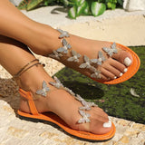 Summer Bling Butterfly Diamond Flat Sandals for Women Luxury Pearl Elastic Band Woman Sandles Plus Size Woman Sandals