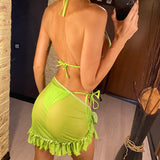 New With Sarong Halter Ruffled Bikini Women Swimwear Female Swimsuit Three-pieces Bikini Set Bather Bathing Suit Swim Lady V4144