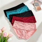 4Pcs/Set Women's Swim Fabric Lace Briefs Seamless Mid Waist Panties Solid No Show Underwear Cotton Gusset Plus Size 4XL