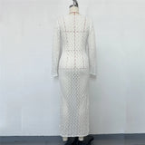 3 Colors Long Sleeve Cut Out Crochet Knitted Tunic Beach Cover Up Cover-ups Beach Dress Beach Wear Beachwear Female Women K6536