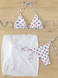 With Mesh Sarong Skirt Cherry Printed Bikini Female Swimsuit Women Swimwear Three Pieces Bikini Set Bathing Suit Swim Beachwear
