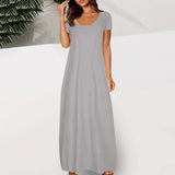 Casual Dresses For Teens Fashion Clothes Women Leisure Solid Color V Neck Short Sleeve Long Dress Casual Loose Sundress 2025