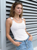 Women's Solid Color Ribbed Tank Tops Stylish Sleeveless Camisole with Metal Buckle Straps and Curved Hemline