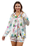 Women's Christmas Satin Pajama Set Long Sleeve Lapel Santa Claus/Christmas Tree Print Shirt Shorts Two Pieces Sleepwear