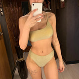 Shiny Glitter Sparkling High Waist Bikini Female Swimsuit Women Swimwear Two-pieces Bikini Set One Shoulder Bathing Suit V1264