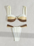 Sexy Front Tie Bikini 2025 Women Beige Patchwork Pleate Push Up Micro Swimsuit Brazilian Gradient Bathing Suit Thong Swimwear