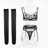 Toucheart Sexy Lingerie Undies Solid Color Mesh See-through Women's Garters Underwear Suit Sexy Stocking Underwear 5-piece Set