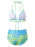 Women’s Two Piece Bikini Set Rose Hibiscus Floral Print Halter Tops with Fold Over Waist Shorts Summer Beach Wear