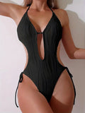 S - XXL Halter V Neck Wrinkled Female Swimwear One Piece Swimsuit Women Backless Monokini High Cut Bathing Suit Swim Beach Wear