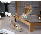 PVC Transparent Crystal Sandals Women Gold Silver Wedding Holographic Summer Jelly Shoes Ladies Thin High Heels Sandalias Mujer
