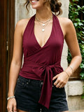 2026 Summer Women's Halter Tank Tops Deep V Neck Side Tie Wrap Vest Daily Casual Going Out Sleeveless Shirts