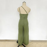 Foridol Waist Folds Backless Double Strap Casual Wide Leg Jumpsuit Long Pants Green 2025 New Female Loose  Jumpsuit