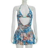 Spring and summer new women's suit fake two-piece halter top ruffled skirt two-piece suit