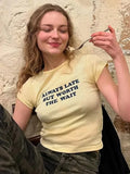Woman Clothing Letter Print Short T-shirts Y2K Streetwear 2026 Summer O-neck Slim Fit Crop Tops Vacation Beach Tees Light Yellow