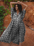 Foridol Lantern Half Sleeve Cyan Bohemian Beach Midi Loose Dress Summer for Women Tie Up Casual Floral Holiday Midi Vestidos
