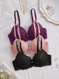 3Pcs Floral Lace Women's Underwear Set Daily Push-Up Bra Rhinestone Breathable Mesh Bra for Women