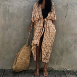 7 Colors Leaves Printed With Belt Half Sleeve Tunic Beach Cover Up Cover-ups Beach Dress Beach Wear Beachwear Female Women V4511