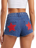 Summer Women Denim Shorts with Stars Patch Pockets Riveted Waisted Slim Fit Jeans Shorts Daily Casual Hot Short Pants Streetwear