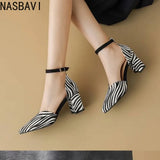 Zebra Leopard Animal Print Pointed Closed Toe Block High Heels Lady Mature Summer Shoes V-cut Designer Women Dress Pumps Sandals