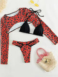 Leopard Printed Long Sleeve Beach Cover-up Bikini Women Swimwear Female Swimsuit Three-pieces Bikini Set Micro Bathing Suit Swim