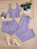 3PCS Pajamas Set for Women Sleepwear Solid Vest Shorts and Pants Paired with Lace Splicing for Homewear Loungewear