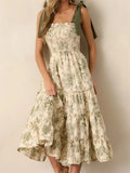 Women's Summer Floral Print Dresses Stylish Ruffled Trim Smocked Sleeveless Tie-Shoulder A-Line Dress
