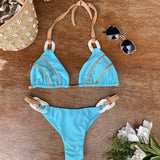 Patchwork Halter High Cut Knitted Bikini Women Swimwear Female Swimsuit Two-pieces Bikini Set Brazilian Bather Bathing Suit Swim