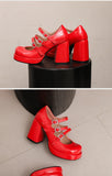 Plus Size Women Red Patent Leather Platform Mary Jane Shoes 3 Rhinestone Buckle Straps Chunky Block  Y2K Lolita Party Pumps
