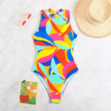 2026 Color Block Swimsuit One Piece Backless Printed Swimwear Women Bathers Bathing Swimming Swim Suit Padded Beachwear Summer