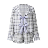 Women’s Cute Lounge Clothes Long Sleeve Bow Front Plaid Print Shirt + Shorts Set Summer Fall 2 Piece Pajamas Set