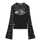 Women's Fashion Casual Lace Patchwork Hollow Bell Sleeve Blouse Women Pack Lace Sleeve Tops Black White Sheer Mesh Casual DOS5