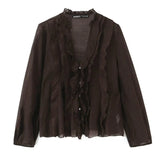 2026 Spring New Women Elegant Loose V Neck Wave Trim Polka Dot Blouse Thin Long Sleeve Top