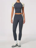 Nake Yoga Set Women's Tracksuit Color Contrast Short Sleeve Slim Sports T Shirts High Waist Leggings Fitness Clothes Gym Outfits