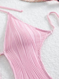 Sexy Halter V Neck Wrinkled Female Swimwear One Piece Swimsuit Women Backless Monokini High Leg Cut Bathing Suit Swim Beach Wear
