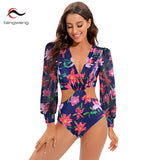 TW Sexy High Waist One Piece Swimsuit Women V Neck 2024 Long Sleeve Bathing Suit Brazilian Swimwear Monokini Summer Beachwear