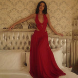FDYOUI Sexy Halter Neck Backless Wedding Party Dress Women 2026 Summer Hollow Out Lace-up Long Maxi Evening Dresses Red Gowns