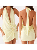 Women Casual Shell Deep V-Neck Wrap Halter Neck Party Beach Club Dress Summer Solid Color Sleeveless Backless Mini Dresses