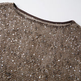 Summer Women's Fishnet T-shirt Casual Loose Fit Stylish Solid Color See Through Sequined Crew Neck Elbow Sleeve Tops