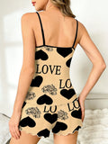 Women's Pink Heart LOVE Print 2 Piece Pajama Set, Spaghetti Strap Cami Top and Ruffle Hem Shorts, Summer Loungewear