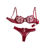 French vintage wine-red rose embroidery lingerie set - net sheer bra + T-shirt - sexy sensual women's lingerie ZA824026