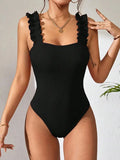 Sexy White Frill Trim Ruffled Ribbed Female Swimwear One Piece Swimsuit Women Monokini High Cut Bather Bathing Suit Swim Lady
