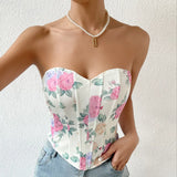 Summer Women Floral Y2K Crop Tops Printed Sleeveless Fishbone Corset Woman Sexy Backless Slim Strapless Streetwear Camisole