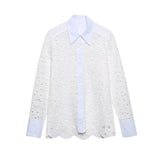 Spring Women Summer White Lace Dress Set Hollow Out Embroidery Shirt Skirt 2 Pcs Robe Outfits Single Breasting Cotton Maxi Dress