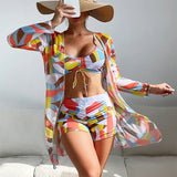 New Women's 3 Pieces Swimsuit Allover Print Tankini+Long Gauze Coat Cover-Up Swimwear High Waist Shorts Bathing Suit Beachwear