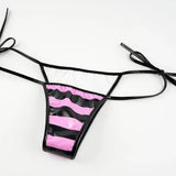 Summer Swimwear Japanese Kawaii PU Leather Micro Bikini Set Women Swimsuit Stripes Bra Set Sexy Lingerie Underwear Costume