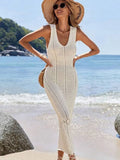 S - XL 2025 V Neck Hollow Out Crochet Knitted Tunic Beach Cover Up Long Cover-ups Beach Dress Beach Wear Beachwear Female Women